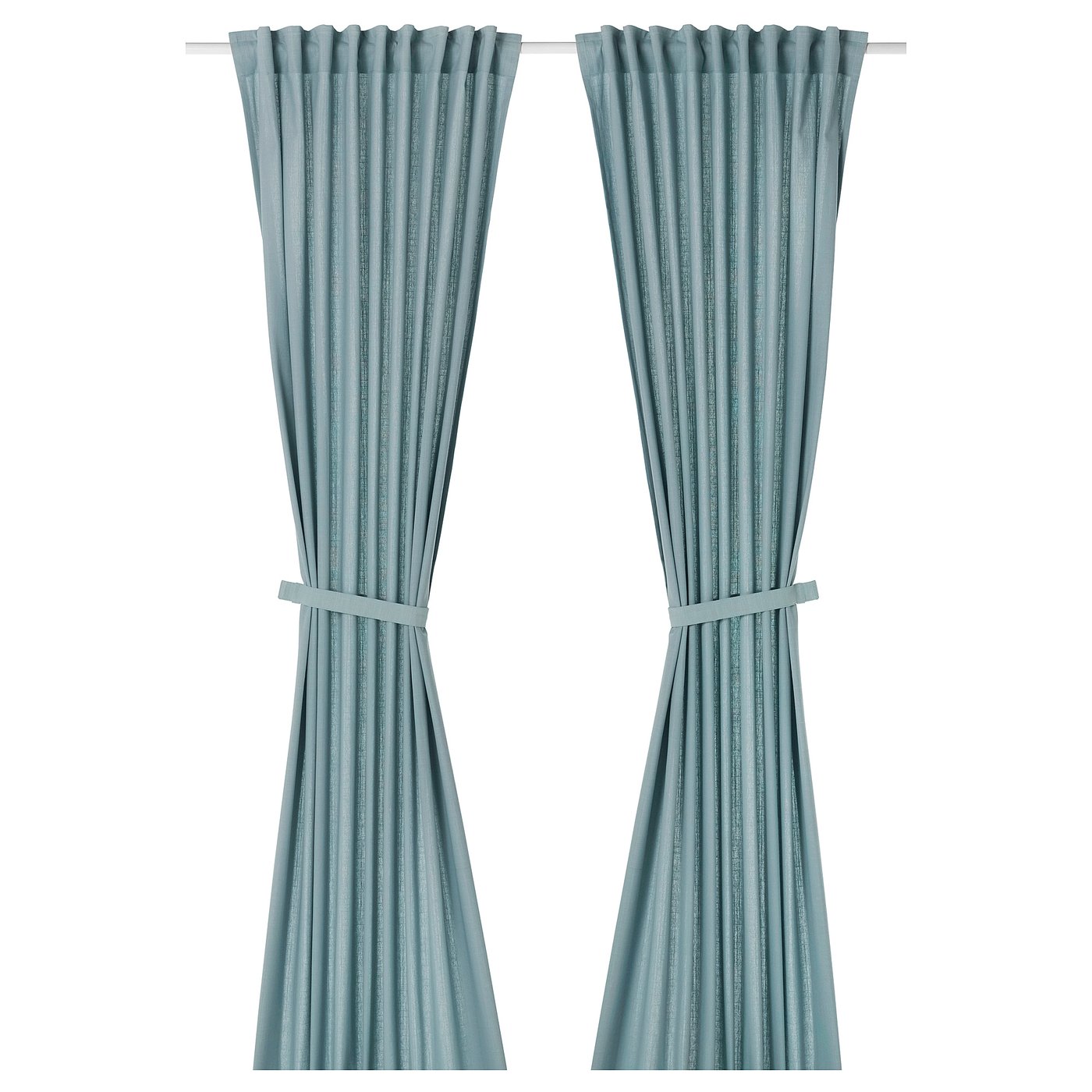 RITVA curtains with tie-backs, 1 pair, grey-blue/with heading tape, 145x300 cm