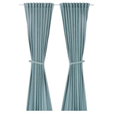 RITVA curtains with tie-backs, 1 pair, grey-blue/with heading tape, 145x300 cm