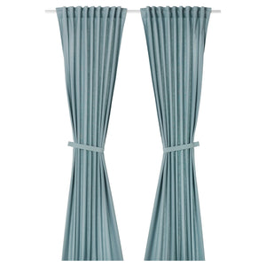RITVA curtains with tie-backs, 1 pair, grey-blue/with heading tape, 145x300 cm