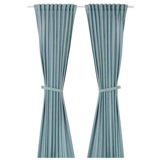 RITVA curtains with tie-backs, 1 pair, grey-blue/with heading tape, 145x300 cm