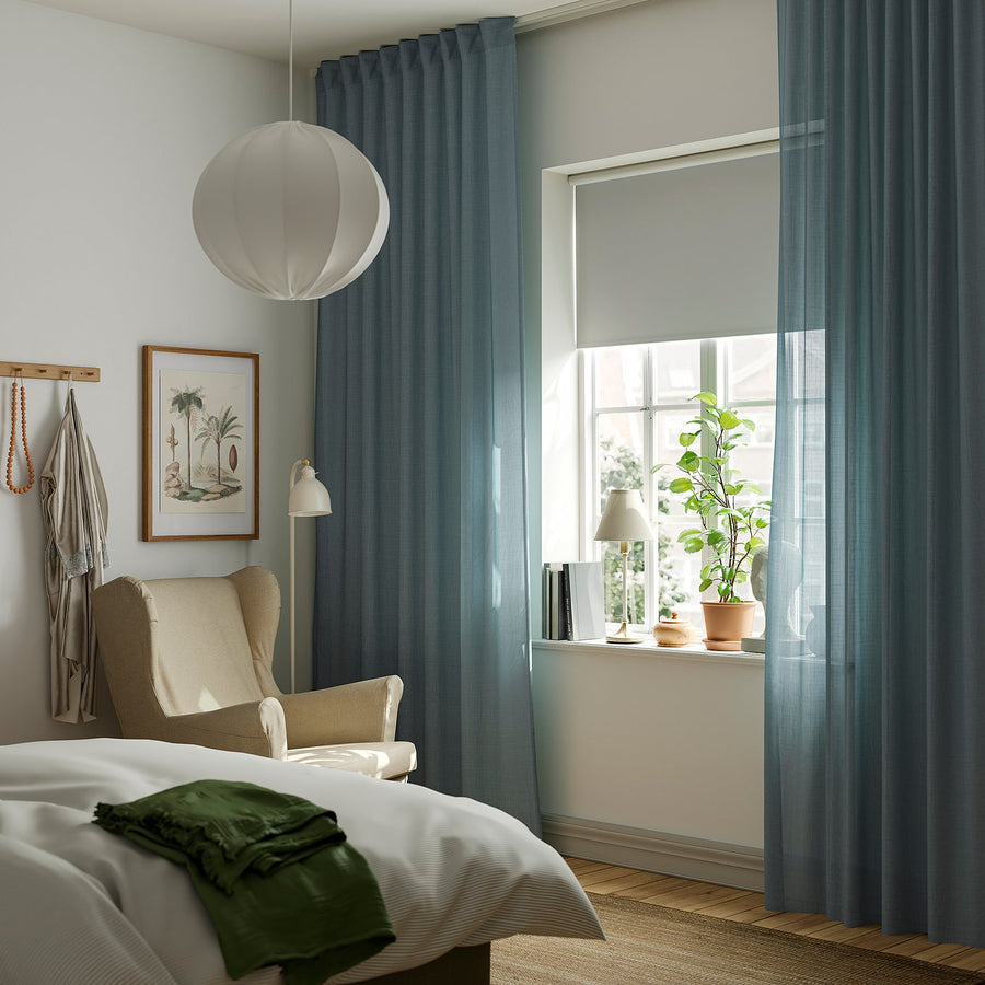 RITVA curtains with tie-backs, 1 pair, grey-blue/with heading tape, 145x300 cm