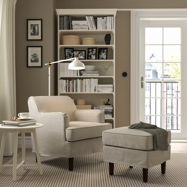 ROCKSJÖN armchair with footstool, Kilanda light beige