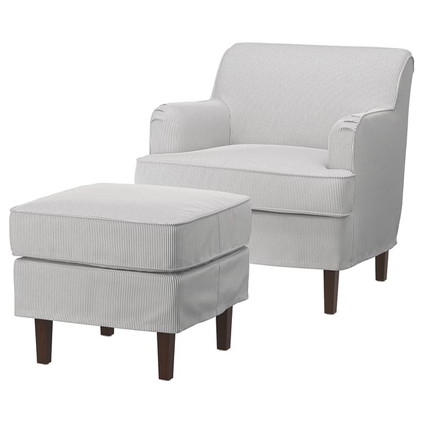 ROCKSJÖN armchair with footstool, Klovsta grey/white