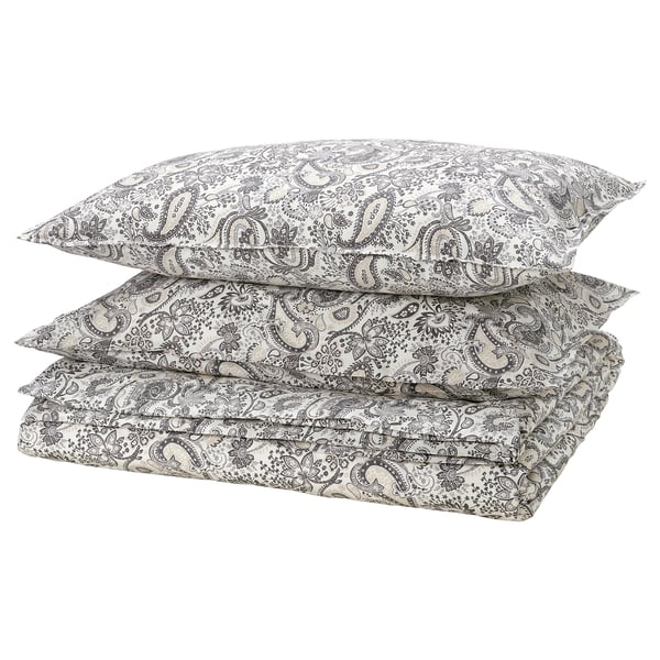 RODGERSIA duvet cover and 2 pillowcases, grey/white, 240x220/50x80 cm