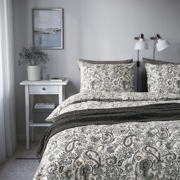 RODGERSIA duvet cover and 2 pillowcases, grey/white, 240x220/50x80 cm