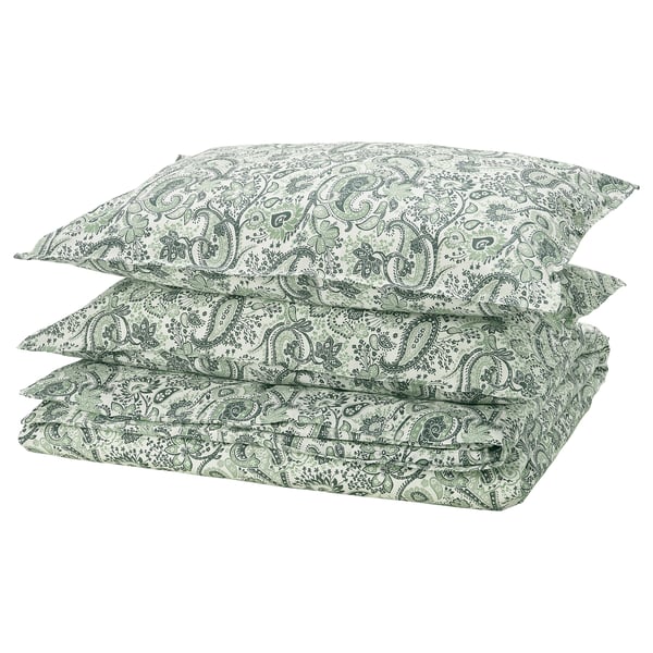 RODGERSIA duvet cover and 2 pillowcases, green/white, 240x220/50x80 cm