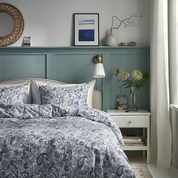 RODGERSIA duvet cover and pillowcase, blue/white, 150x200/50x80 cm