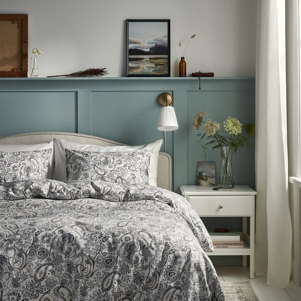 RODGERSIA duvet cover and pillowcase, grey/white, 150x200/50x80 cm