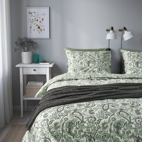 RODGERSIA duvet cover and pillowcase, green/white, 150x200/50x80 cm
