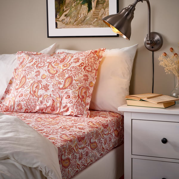 RODGERSIA fitted sheet, pink/white, 160x200 cm