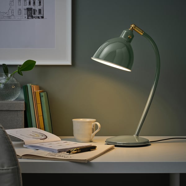 RÖDFLIK desk lamp, grey-green, 14 cm