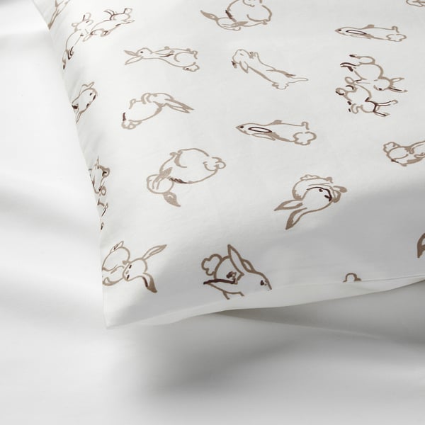 RÖDHAKE duvet cover 1 pillowcase for cot, rabbit pattern/white/beige, 110x125/35x55 cm