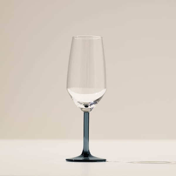 RÖDRÄKA champagne glass, blue-grey/clear glass, 25 cl