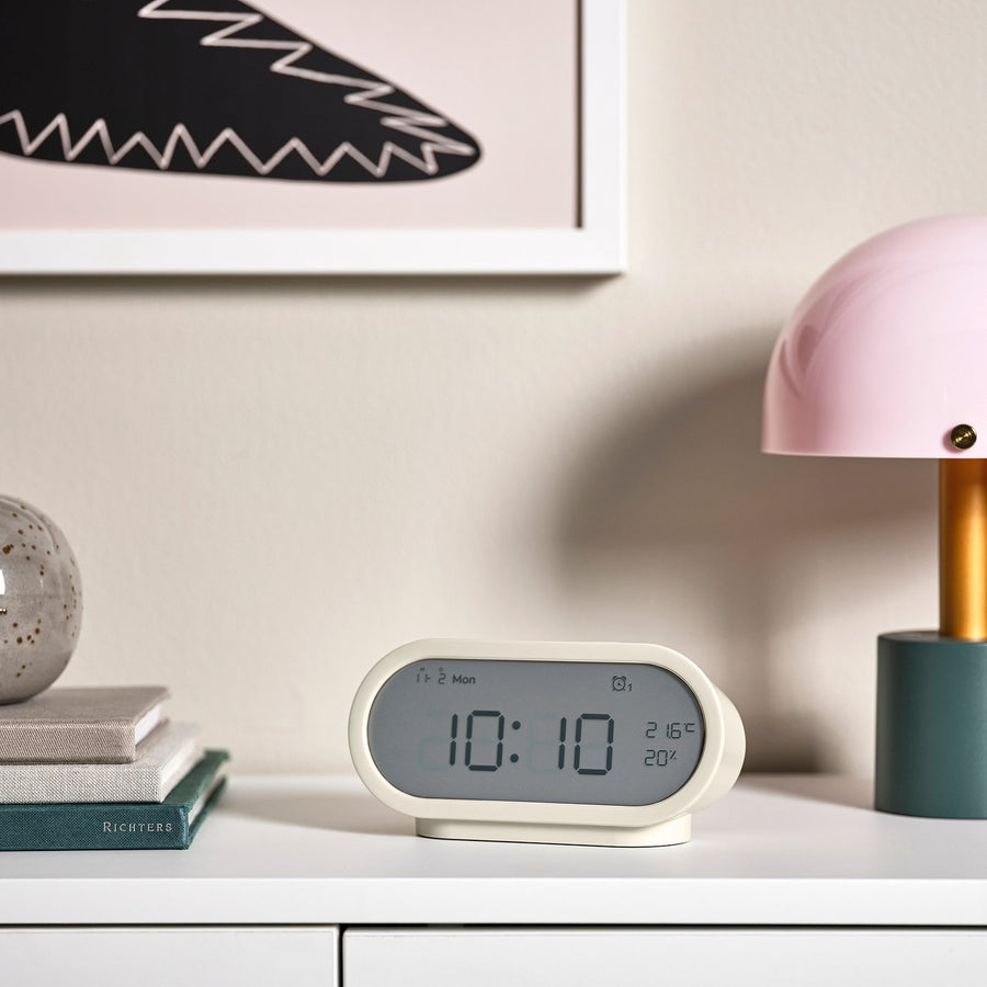 RÖDSTRÄFSE alarm clock with hygro-/thermometer, beige, 17x8x6 cm