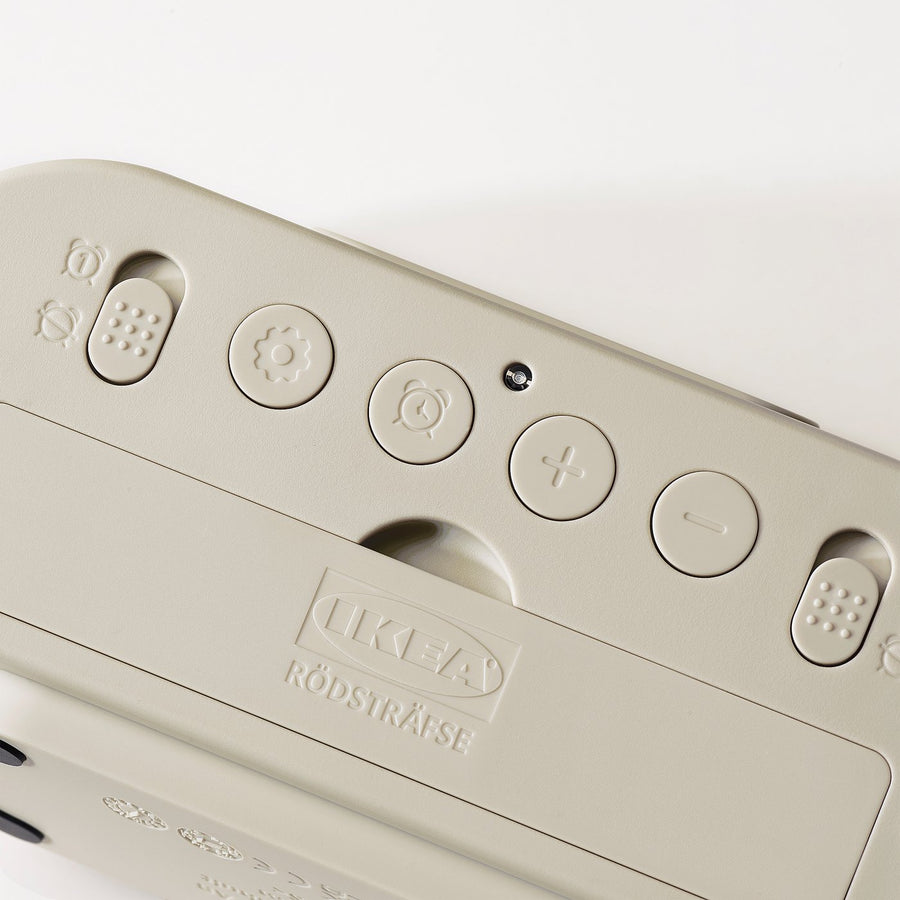 RÖDSTRÄFSE alarm clock with hygro-/thermometer, beige, 17x8x6 cm