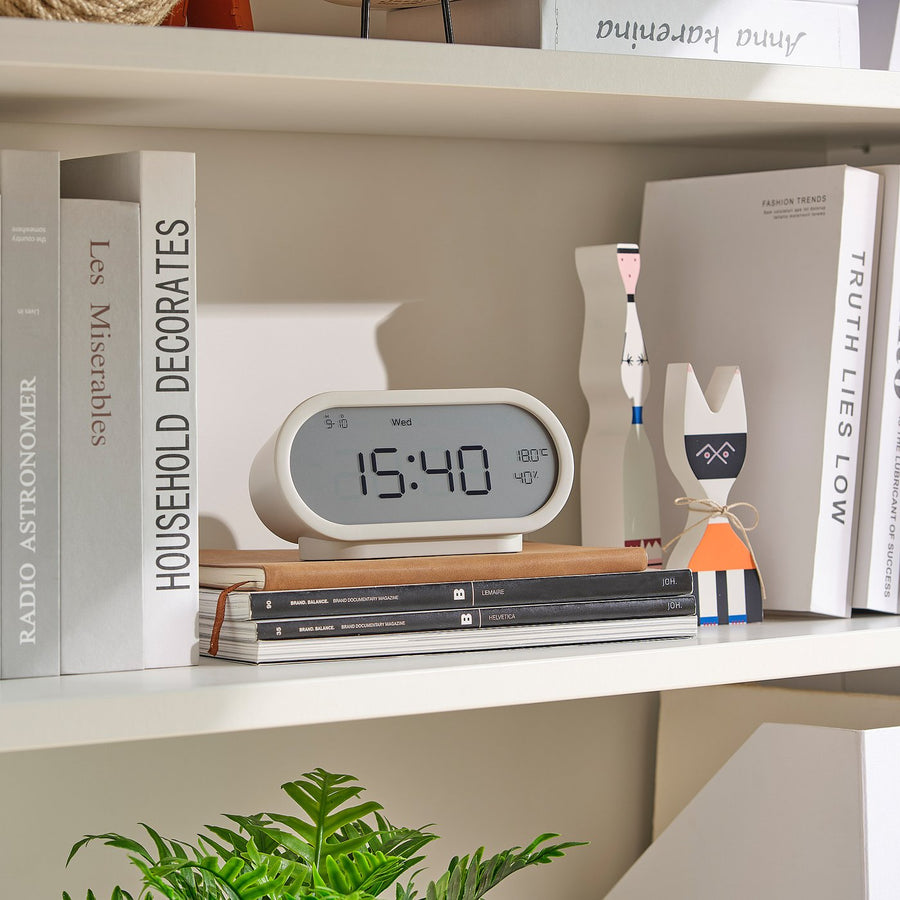 RÖDSTRÄFSE alarm clock with hygro-/thermometer, beige, 17x8x6 cm