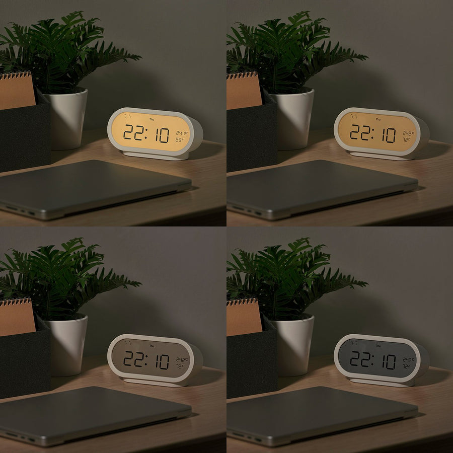 RÖDSTRÄFSE alarm clock with hygro-/thermometer, beige, 17x8x6 cm