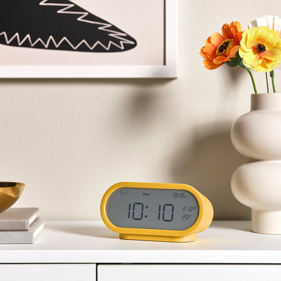 RÖDSTRÄFSE alarm clock with hygro-/thermometer, yellow, 17x8x6 cm