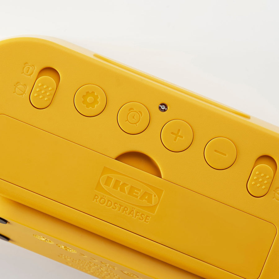 RÖDSTRÄFSE alarm clock with hygro-/thermometer, yellow, 17x8x6 cm