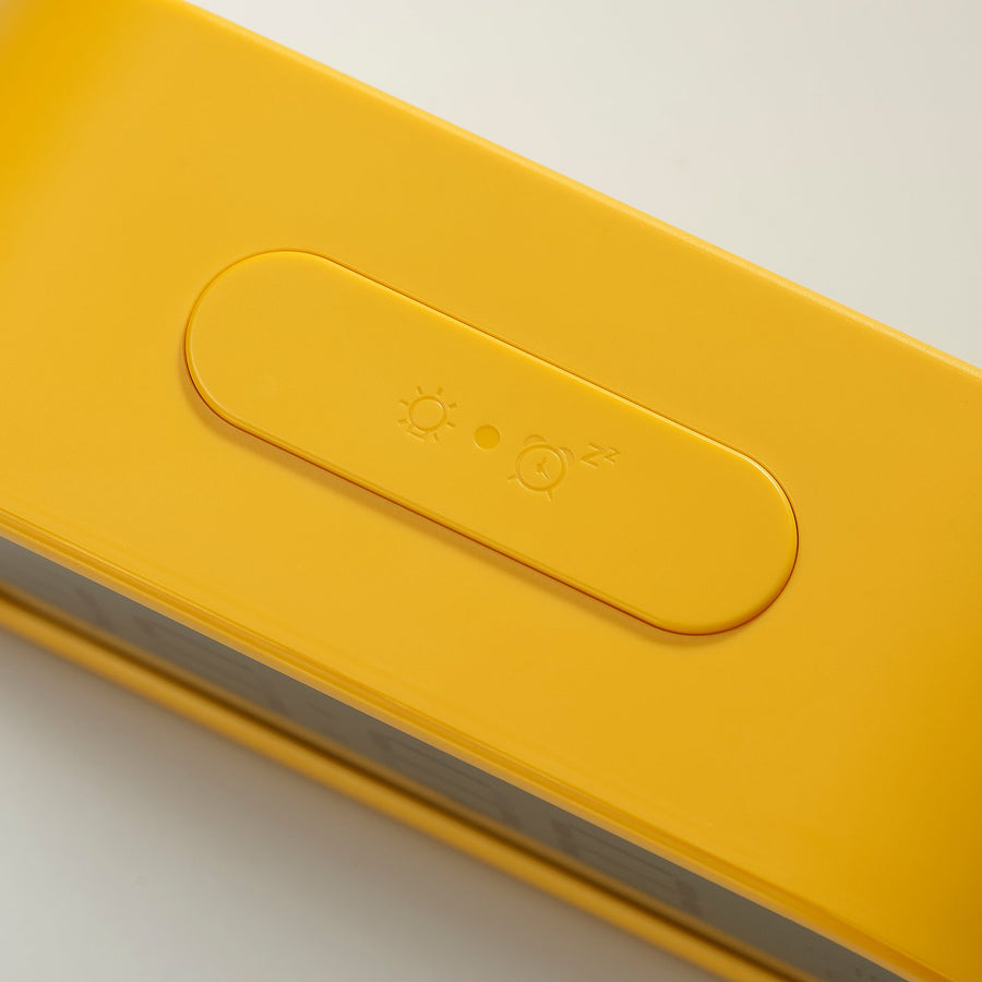 RÖDSTRÄFSE alarm clock with hygro-/thermometer, yellow, 17x8x6 cm