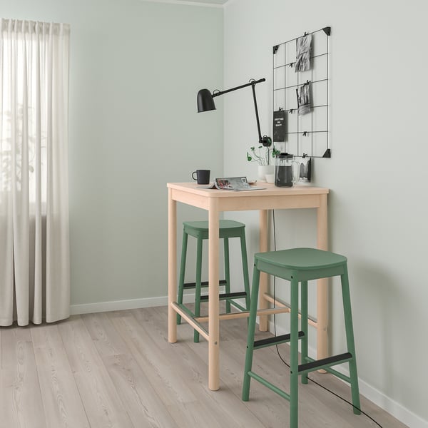 RÖNNINGE / RÖNNINGE Table and 2 bar stools - birch/green ,