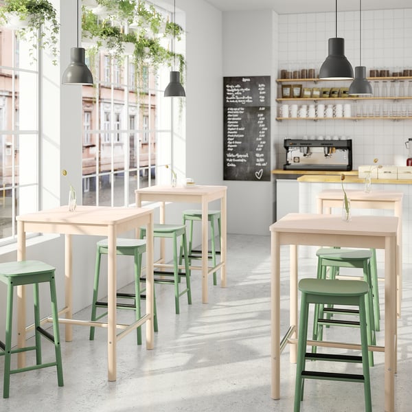 RÖNNINGE / RÖNNINGE Table and 2 bar stools - birch/green ,