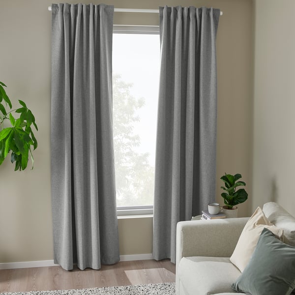 ROSENMANDEL block-out curtains, 1 pair, grey/with heading tape, 135x300 cm