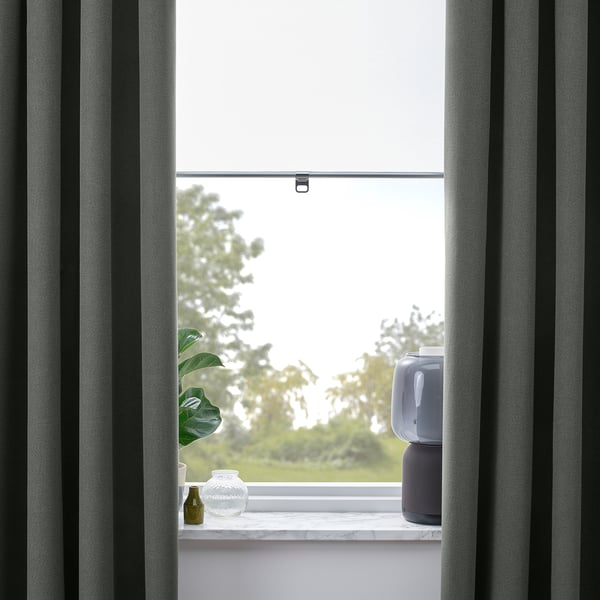 ROSENMANDEL block-out curtains, 1 pair, dark green/with heading tape, 135x300 cm