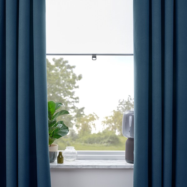 ROSENMANDEL room darkening curtains, 1 pair, dark blue/with heading tape, 135x300 cm