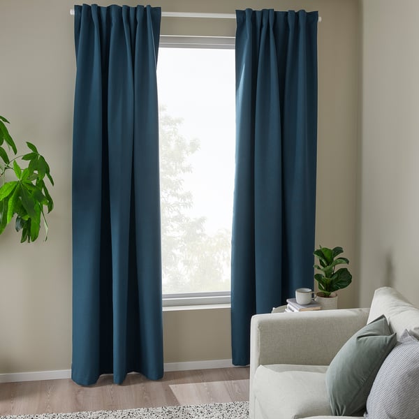ROSENMANDEL room darkening curtains, 1 pair, dark blue/with heading tape, 135x300 cm