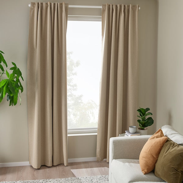 ROSENMANDEL room darkening curtains, 1 pair, yellow-beige/with heading tape, 135x300 cm