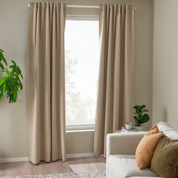 ROSENMANDEL room darkening curtains, 1 pair, yellow-beige/with heading tape, 135x300 cm