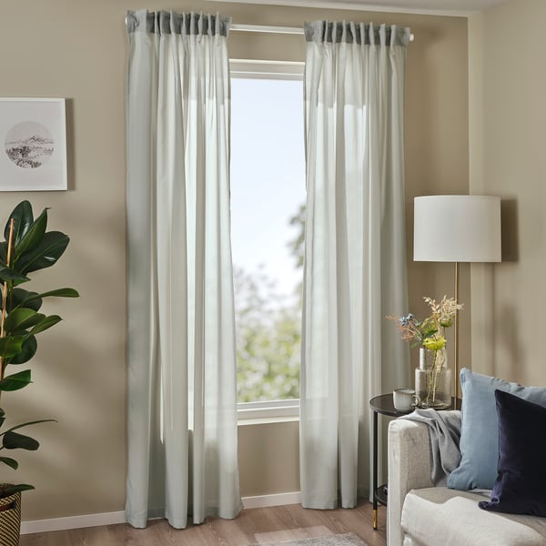 ROSENROBINIA sheer curtains, 1 pair, light grey/with heading tape, 145x300 cm