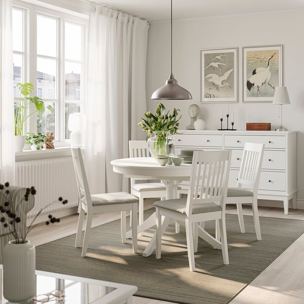 ROSENTORP / NÄSINGE table and 4 chairs, white/Tibbleby beige-gray white, 110/155 cm