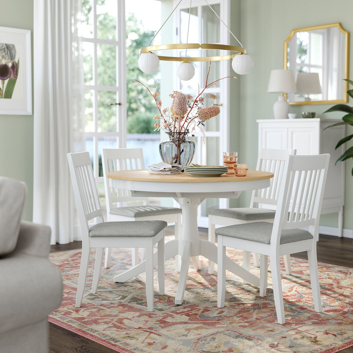 ROSENTORP / NÄSINGE table and 4 chairs, ash veneer white/Tibbleby beige-grey white, 110/155 cm