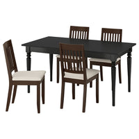 ROSENTORP / NÄSINGE table and 4 chairs, black/Kilanda light beige dark brown stained, 155/215x87 cm