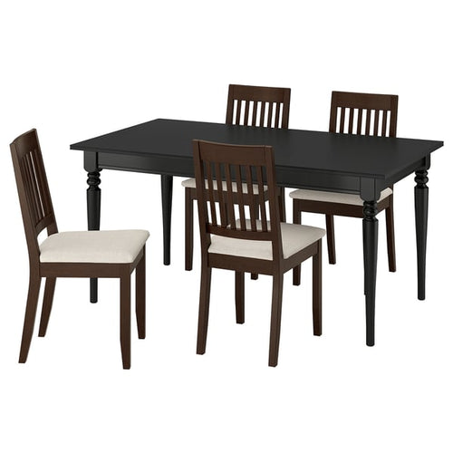 ROSENTORP / NÄSINGE table and 4 chairs, black/Kilanda light beige dark brown stained, 155/215x87 cm