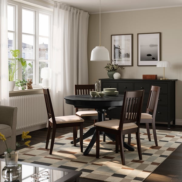 ROSENTORP / NÄSINGE table and 4 chairs, black/Kilanda light beige dark brown stained, 110/155 cm