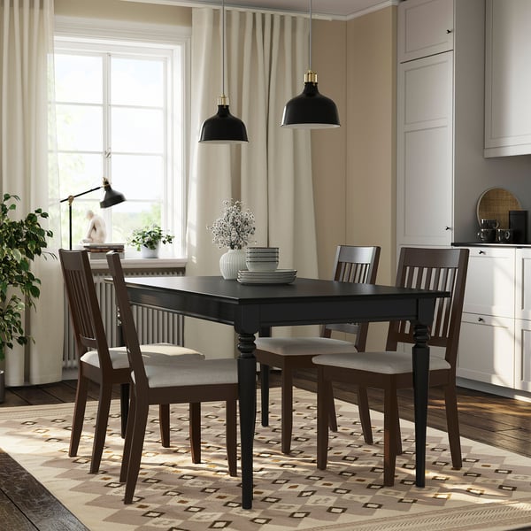 ROSENTORP / NÄSINGE table and 4 chairs, black/Kilanda light beige dark brown stained, 155/215x87 cm