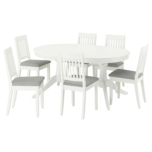 ROSENTORP / NÄSINGE table and 6 chairs, white/Tibbleby beige-grey white, 160/215x110 cm