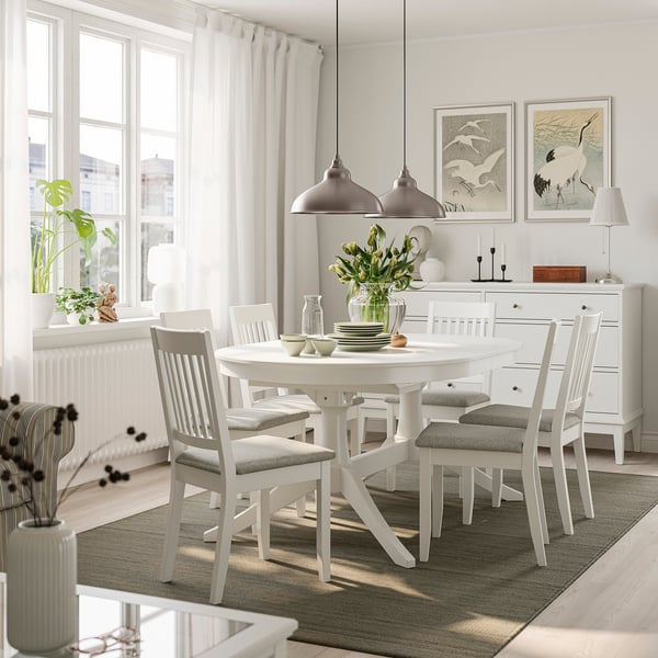 ROSENTORP / NÄSINGE table and 6 chairs, white/Tibbleby beige-grey white, 160/215x110 cm
