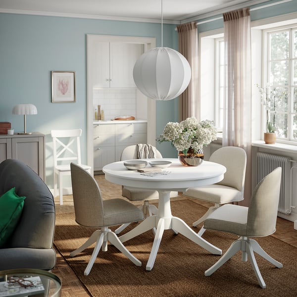 ROSENTORP / ROSENTORP table and 4 chairs, white/white Kilanda light beige, 110/155 cm