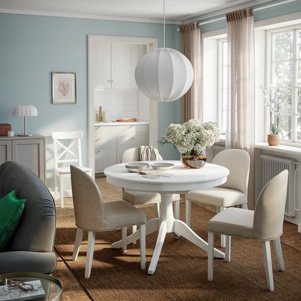 ROSENTORP / ROSENTORP table and 4 chairs, white/Kilanda light beige white, 110/155 cm