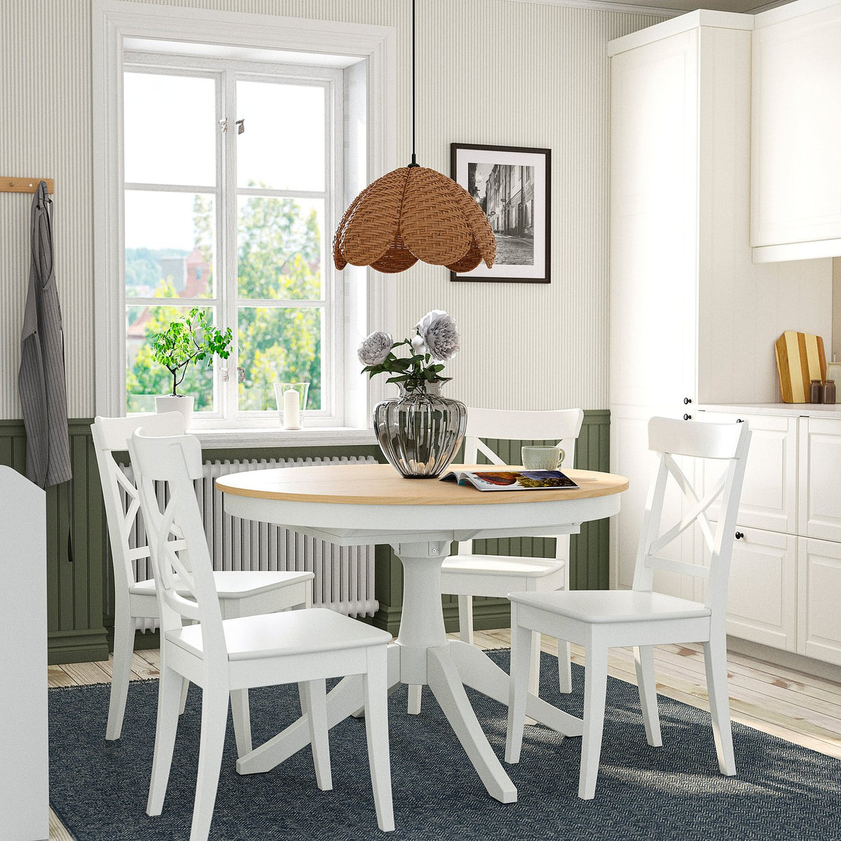 ROSENTORP / ROSENTORP table and 4 chairs, ash veneer white/white, 110/155 cm