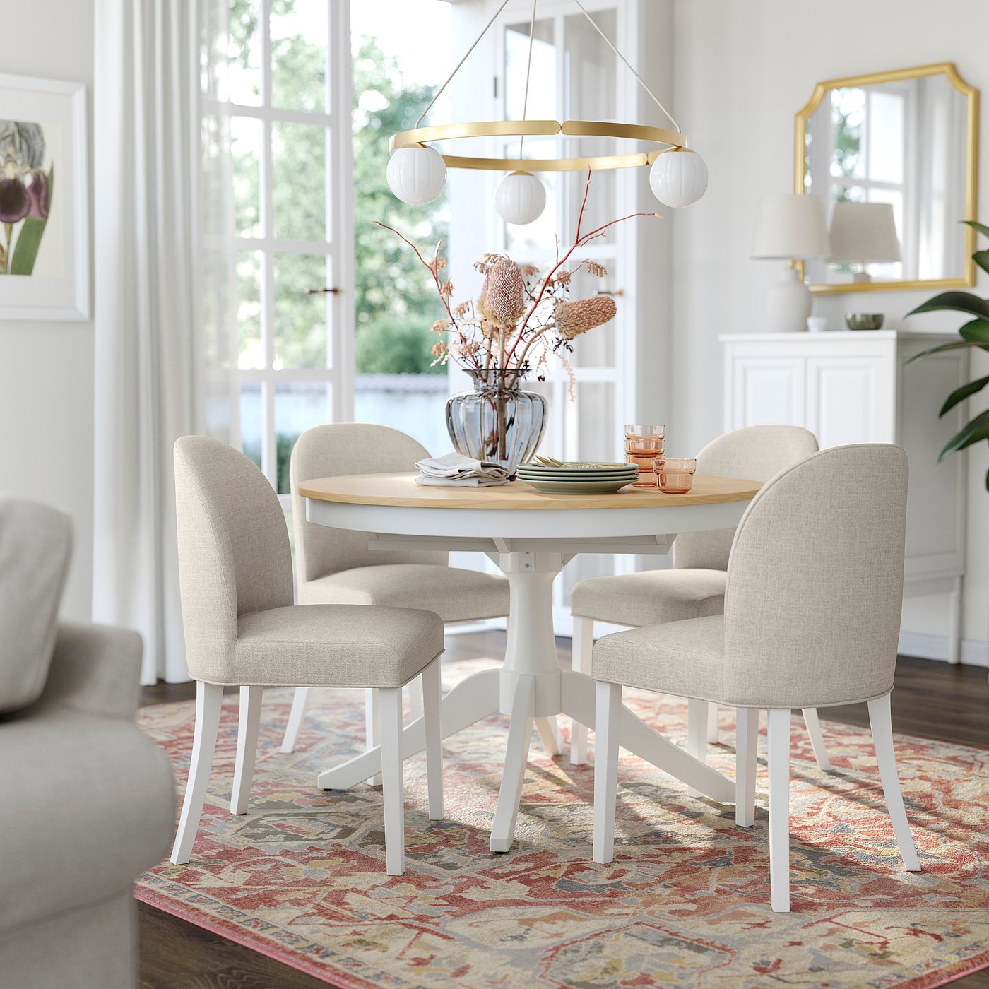 ROSENTORP / ROSENTORP table and 4 chairs, ash veneer white/Kilanda light beige white, 110/155 cm
