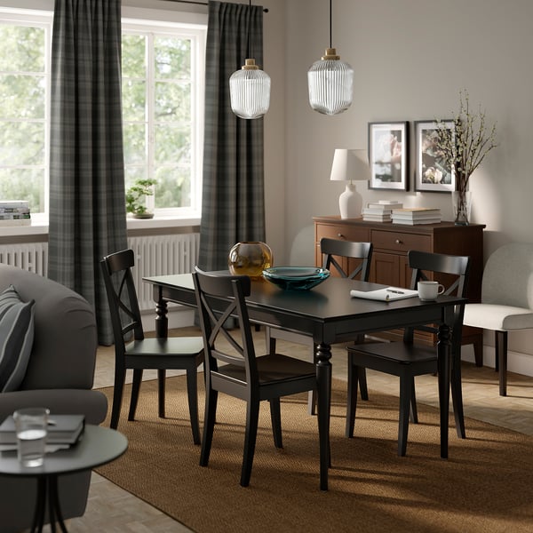 ROSENTORP / ROSENTORP table and 4 chairs, black/black, 155/215x87 cm