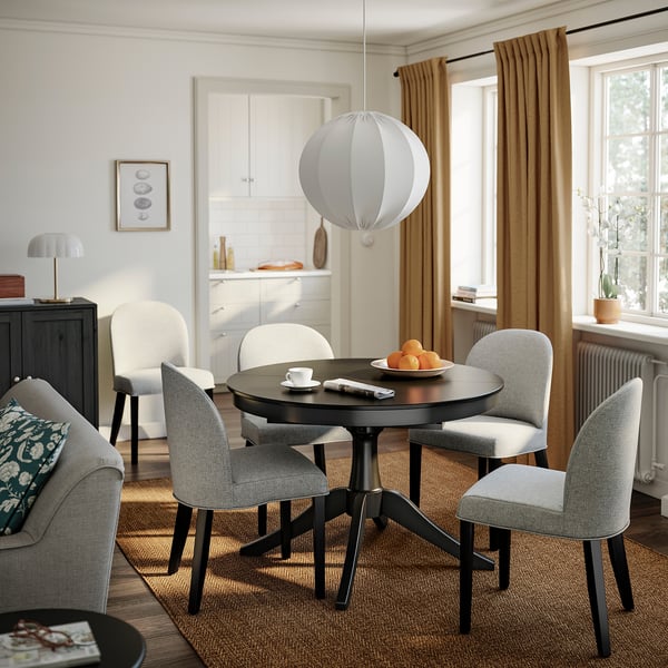 ROSENTORP / ROSENTORP table and 4 chairs, black/Tibbleby beige-grey black, 110/155 cm