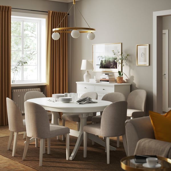 ROSENTORP / ROSENTORP table and 6 chairs, white/Kilanda light beige white, 160/215x110 cm
