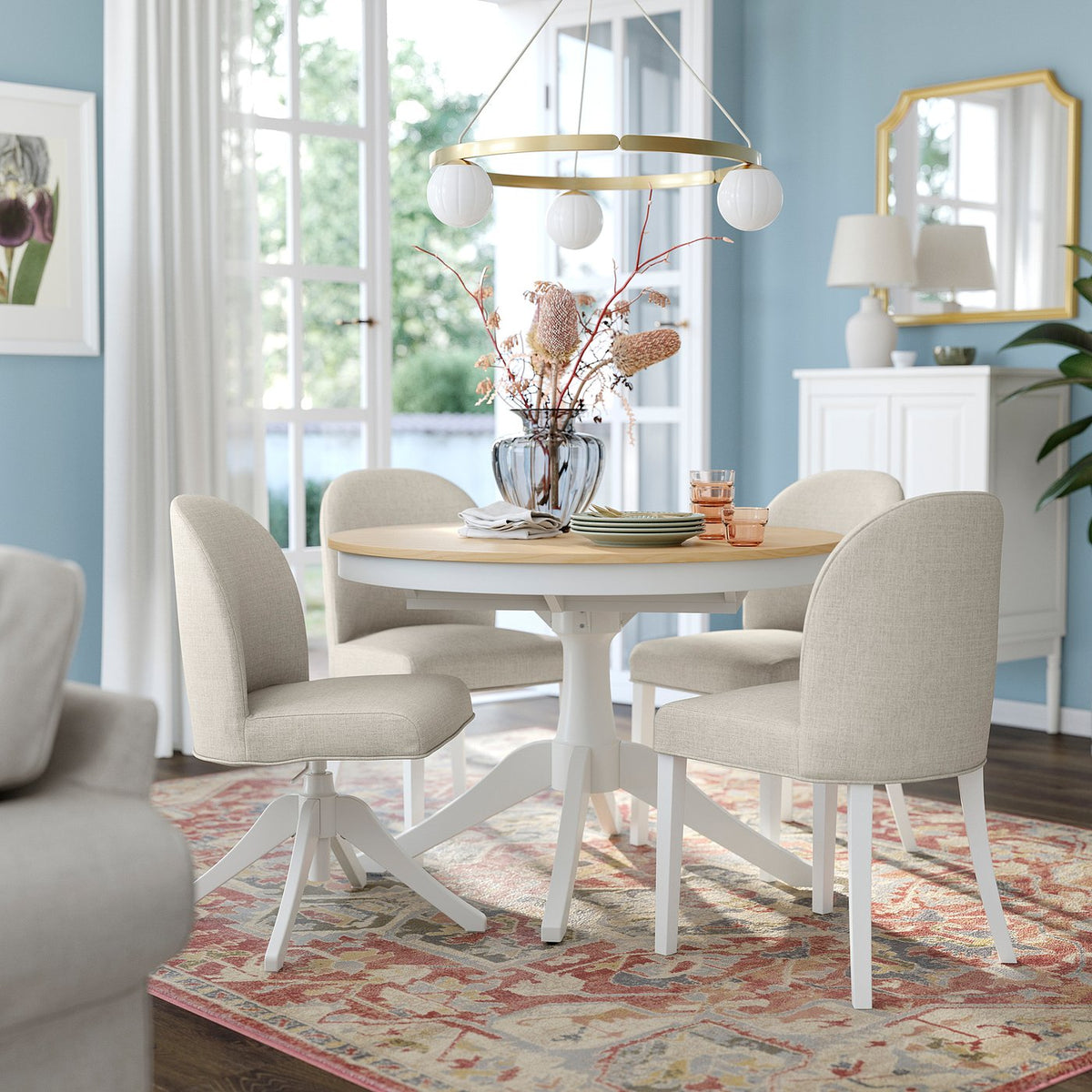ROSENTORP ext table+3 chairs+1 swivel chair, ash veneer white/Kilanda light beige white, 110/155 cm
