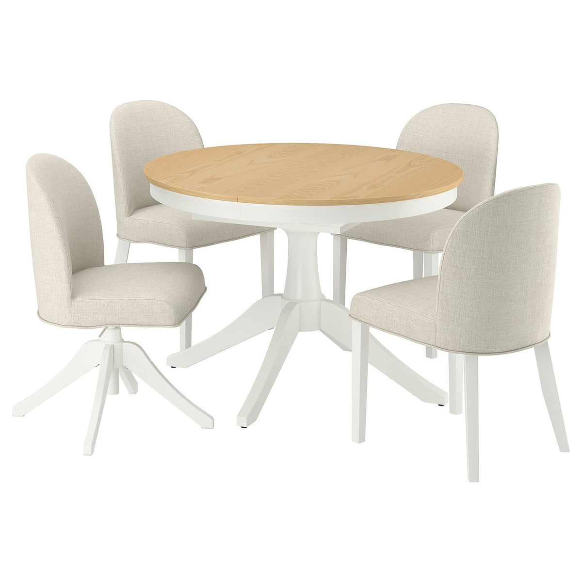 ROSENTORP ext table+3 chairs+1 swivel chair, ash veneer white/Kilanda light beige white, 110/155 cm